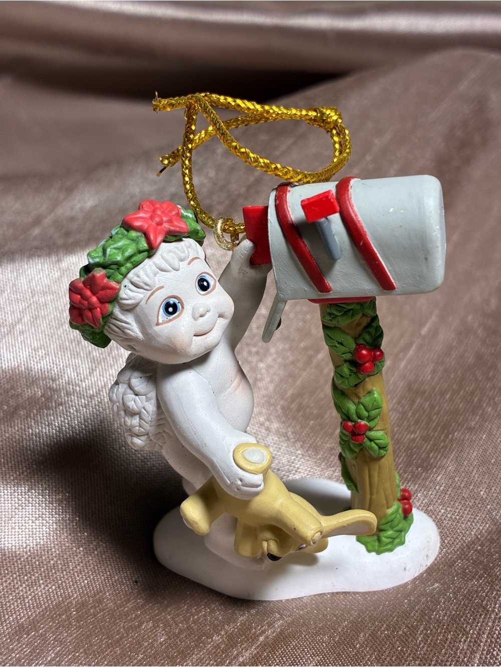 Dreamcycle Festive White Cherub Mailbox Ornament with Red Accents Christmas